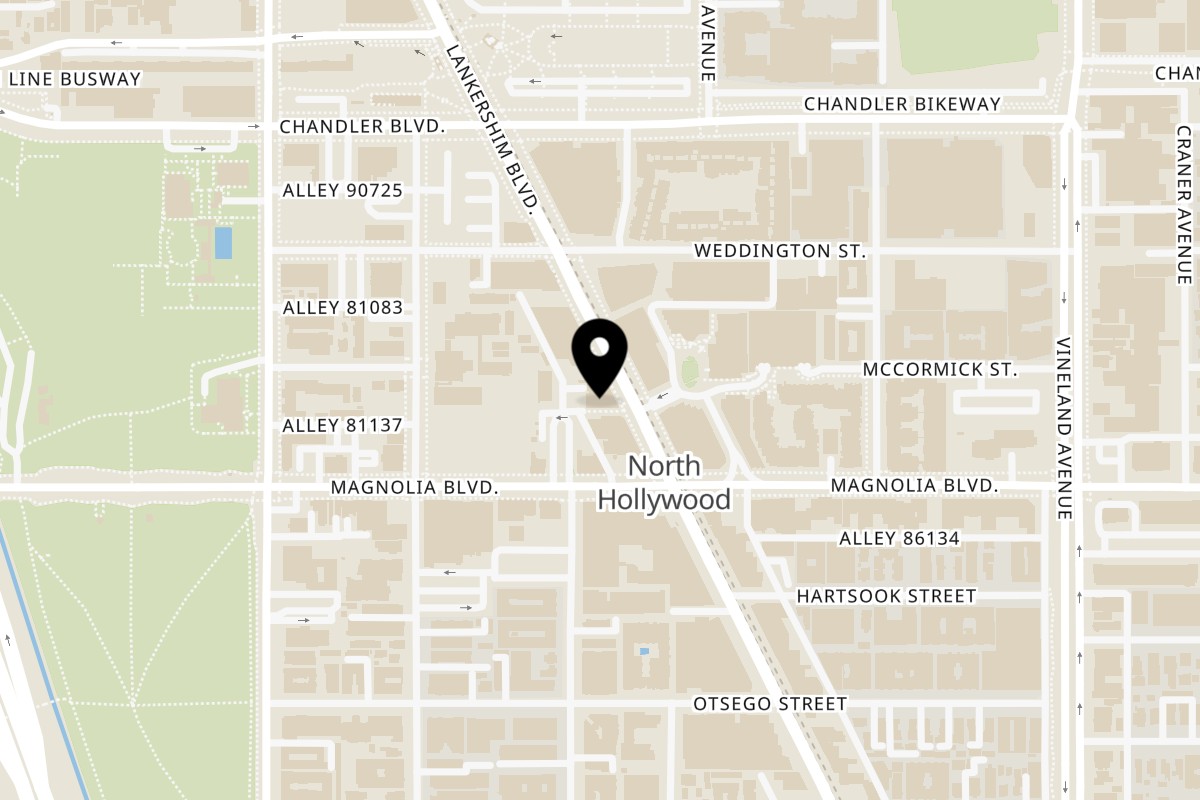 Map showing the location of City Kitchen on 5225 Lankershim Blvd in North Hollywood